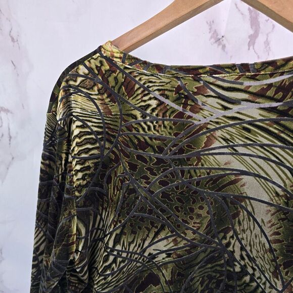 Chicos Shirt Womens XL 3 Green Velvet Burnout Plant Animal Print Blouse Vintage - Picture 6 of 10